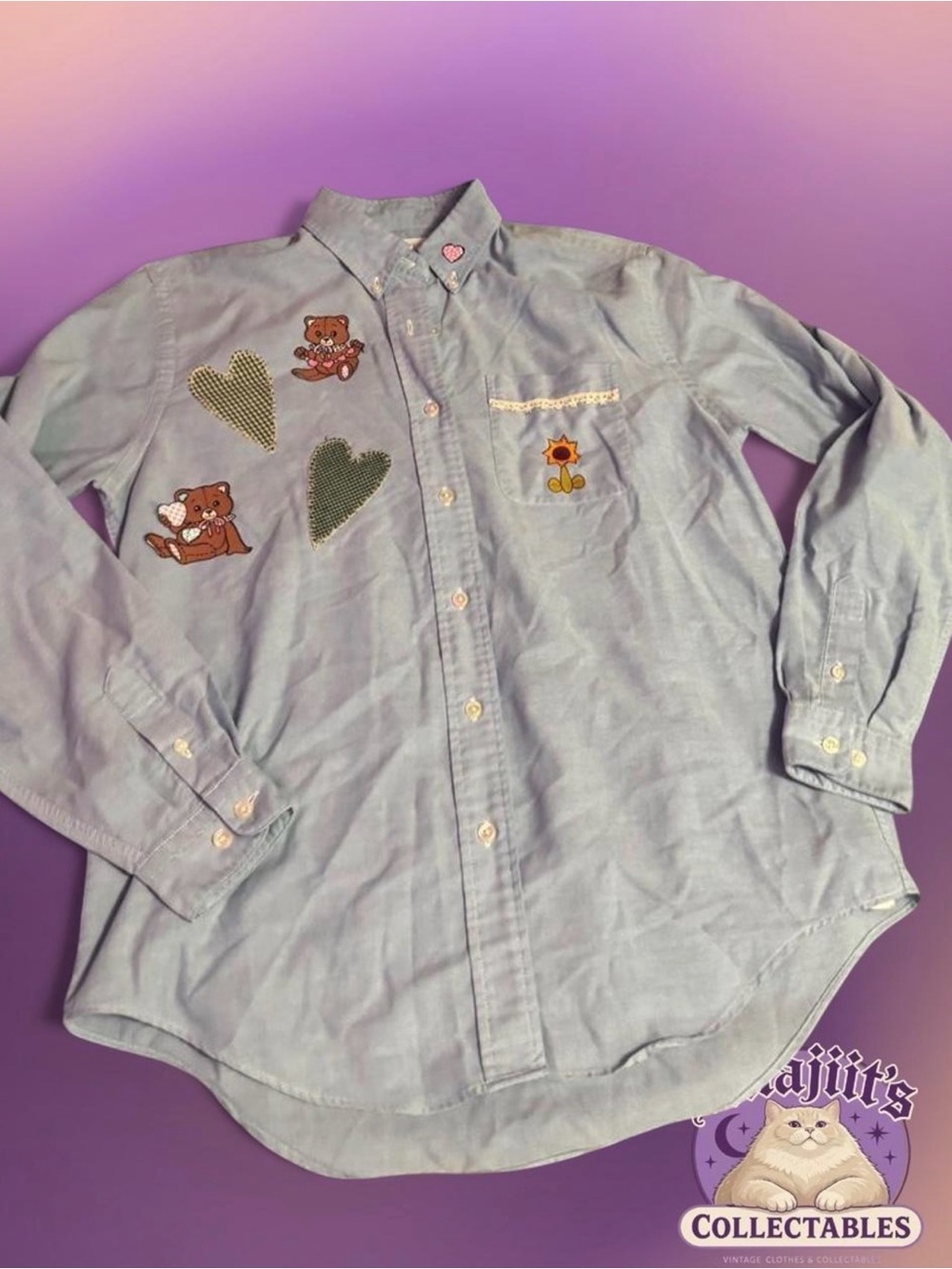 Vintage Lands' End Light Blue Button-Down Shirt with Teddy, Heart & Sun Patches